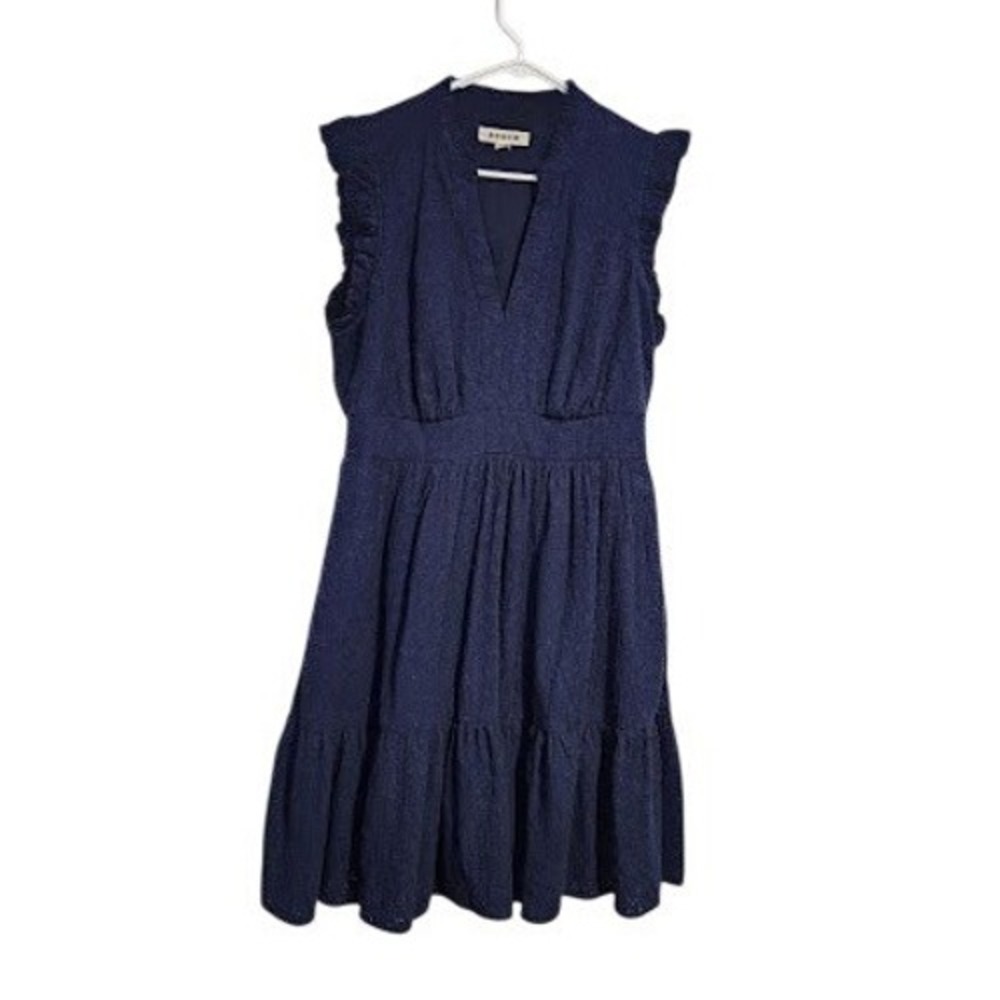 Boden Wren Double Cloth Short Dress Navy Blue Ruffle V-Neck Cotton Eyelet 10